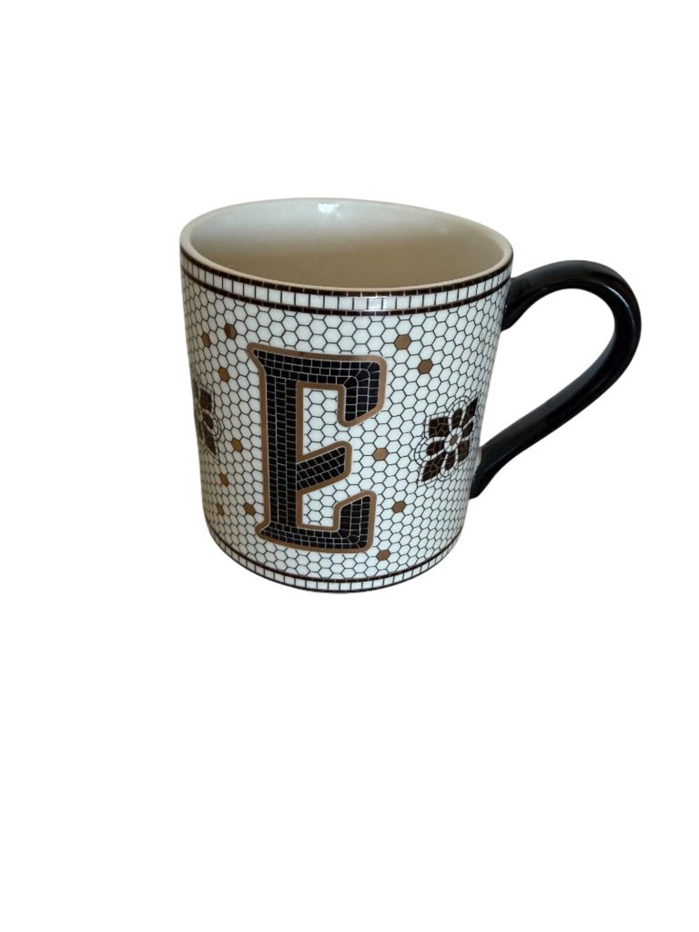 Anthropologie Mosaic Monogram E Coffee Mug With Black Handle & Hexagon Tile